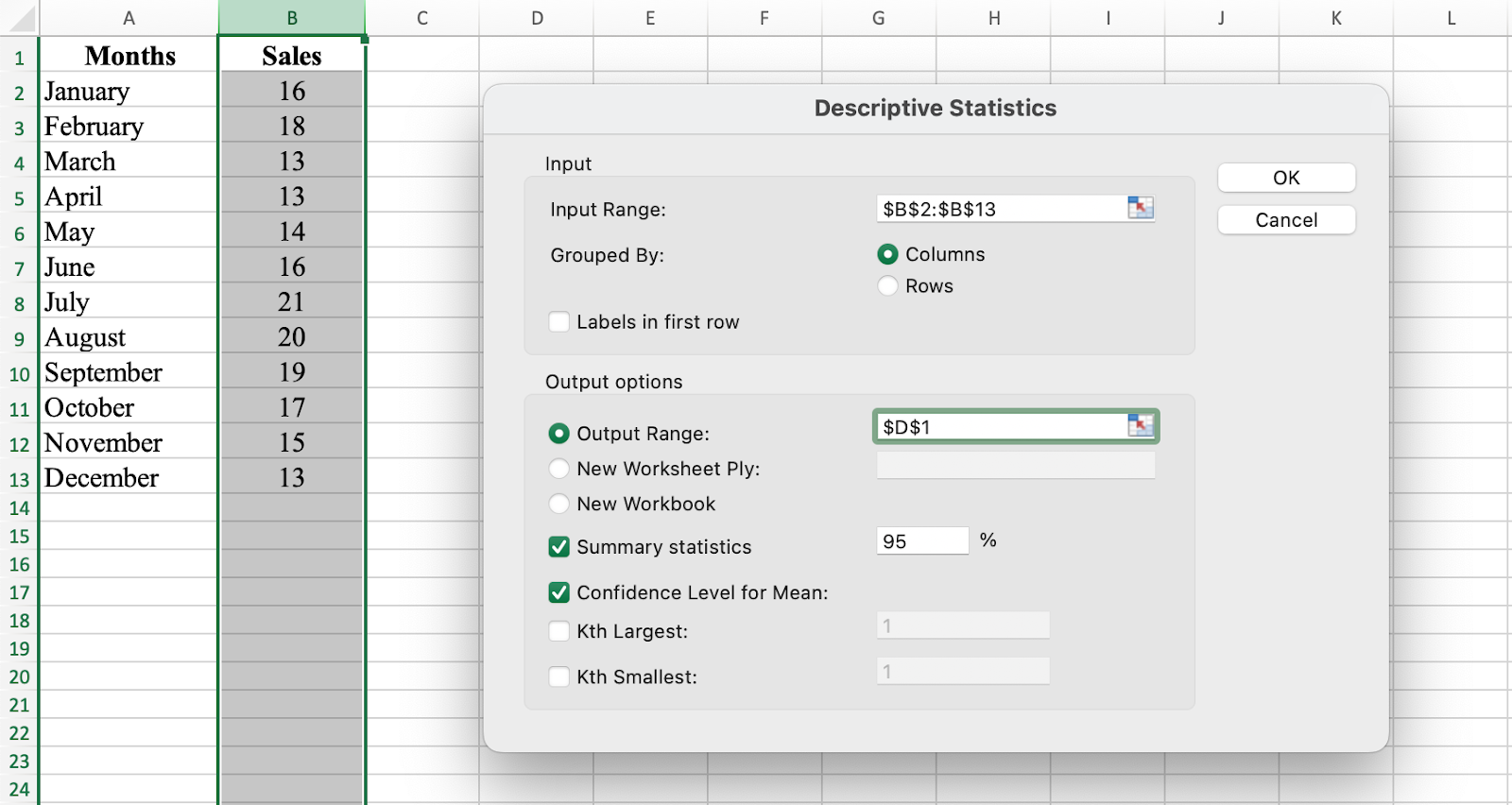 Excel Data Analysis dialog showing Descriptive Statistics option selected