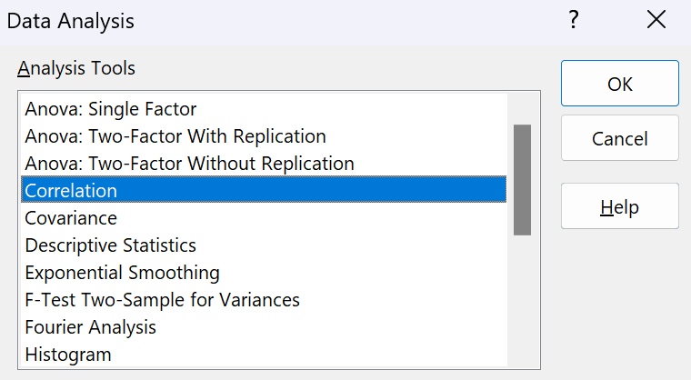 Excel Data Analysis dialog box with Correlation option selected