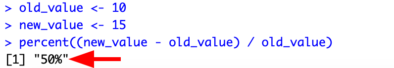 R console showing percent() function output displaying 50% difference between two values