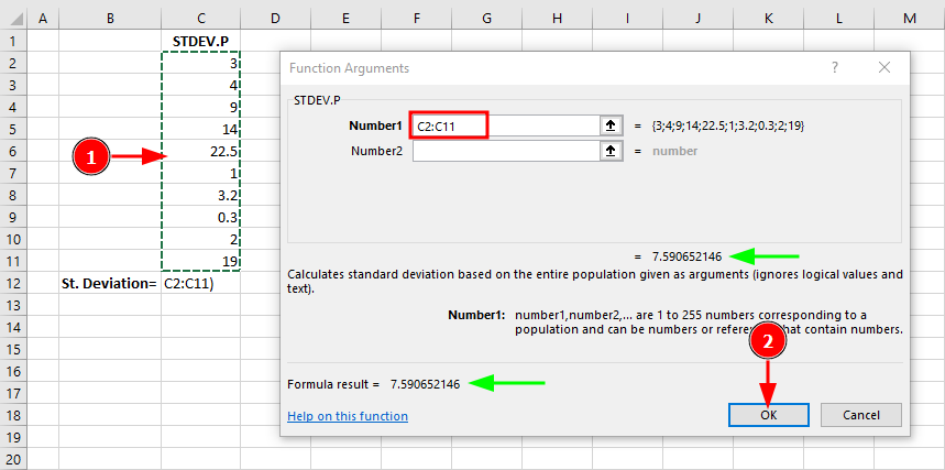 Excel Function Arguments dialog for STDEV.P showing data range C2:C11 and calculated result of 7.59