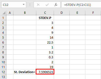 Excel spreadsheet showing STDEV.P formula result of 7.59 in cell C12