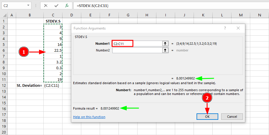 Excel Function Arguments dialog for STDEV.S showing data range C2:C11 and result of 8.00