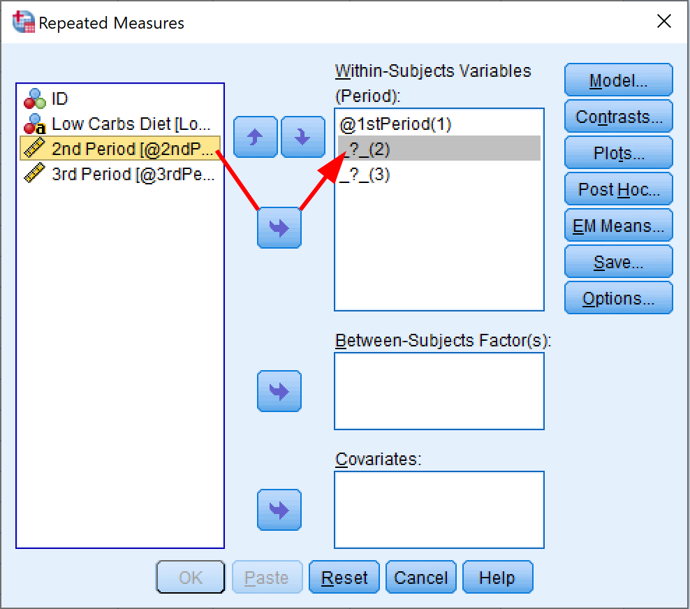 SPSS Repeated Measures window showing within-subjects variables
