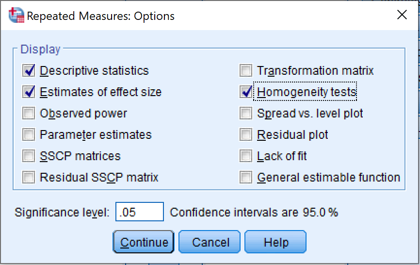 SPSS Repeated Measures Options window