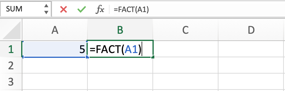 Example of calculating factorial in Excel using the FACT function