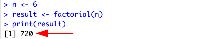 Example of calculating factorial in R using the factorial() function