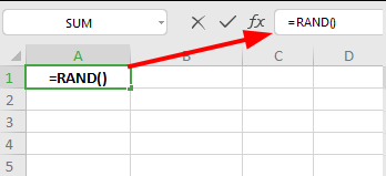 Excel cell showing the RAND function generating a random decimal number