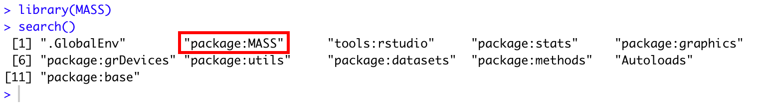 R console showing MASS package loaded in position 2 of the search path