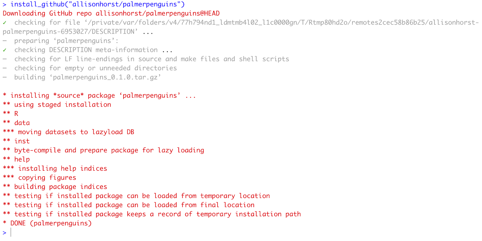 RStudio console showing install_github command for palmerpenguins package