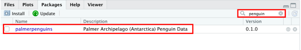 RStudio Packages pane showing palmerpenguins package in the list