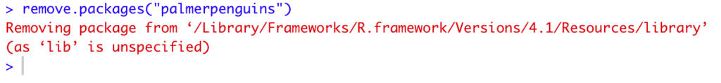 R console showing remove.packages() command output for palmerpenguins