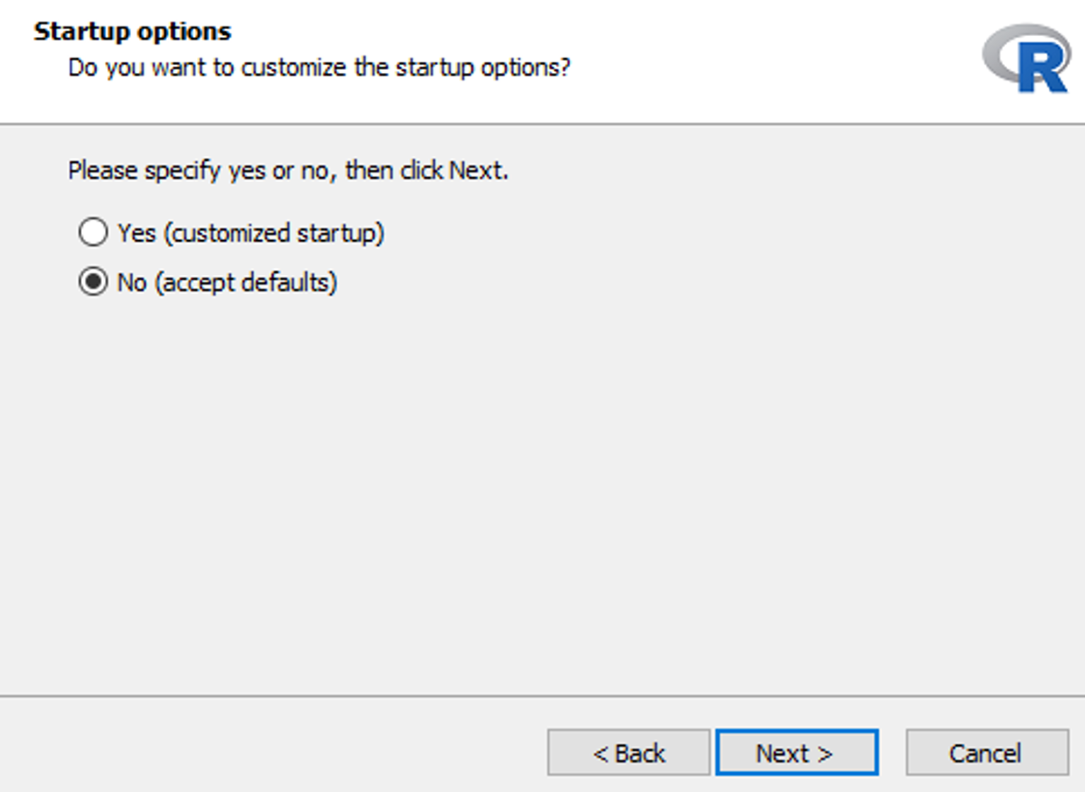 R installer startup options dialog with Yes and No customization choices