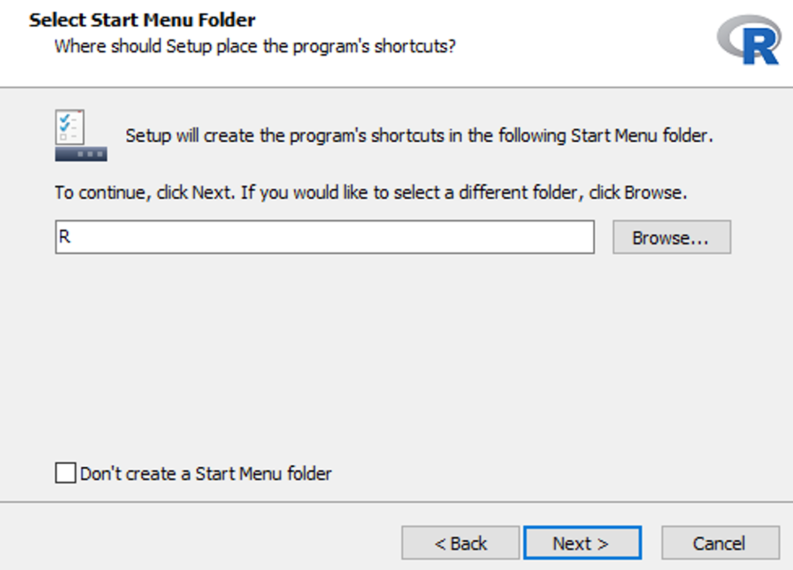 R installer Start Menu folder selection with default R folder name