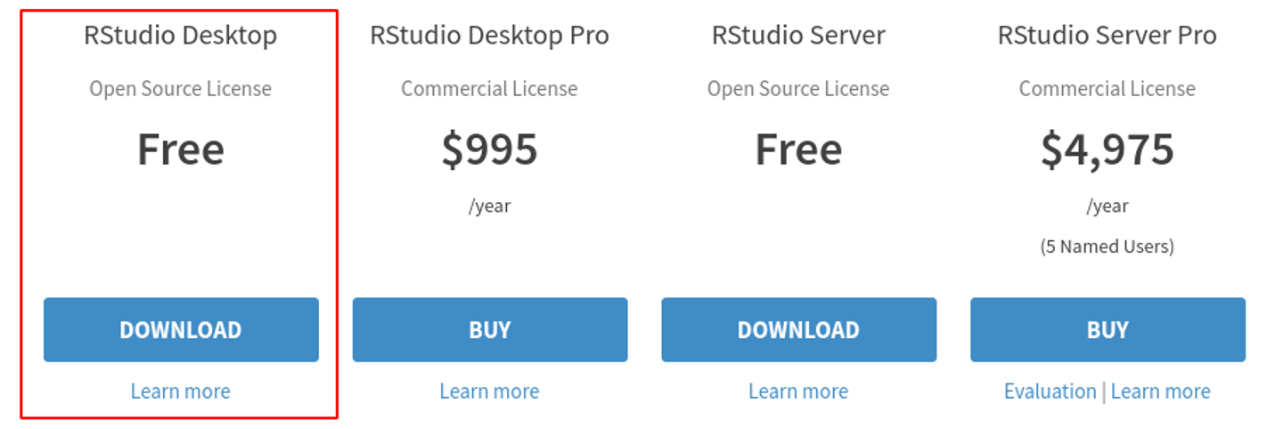 RStudio download page showing RStudio Desktop Free version with download button