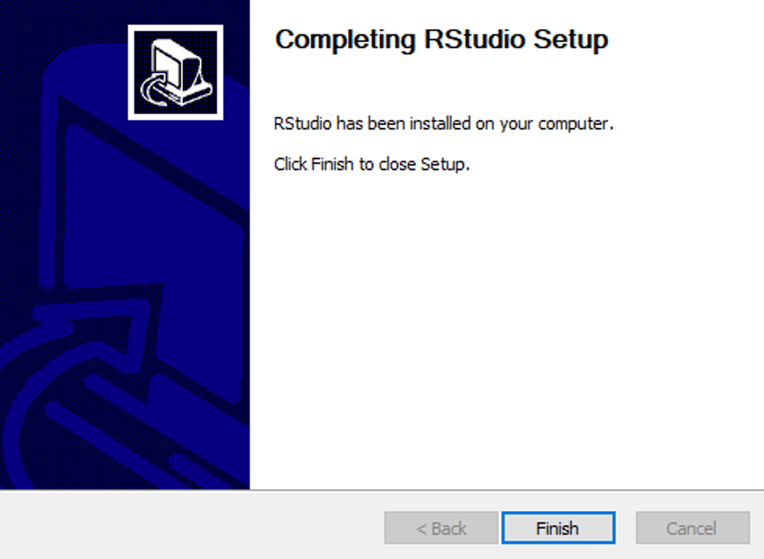 RStudio Setup completion screen showing installation successful message