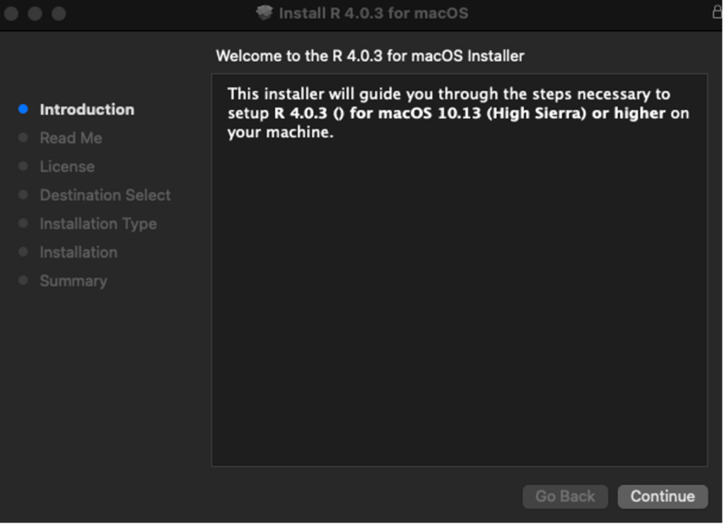 R installer welcome screen on macOS with Continue button