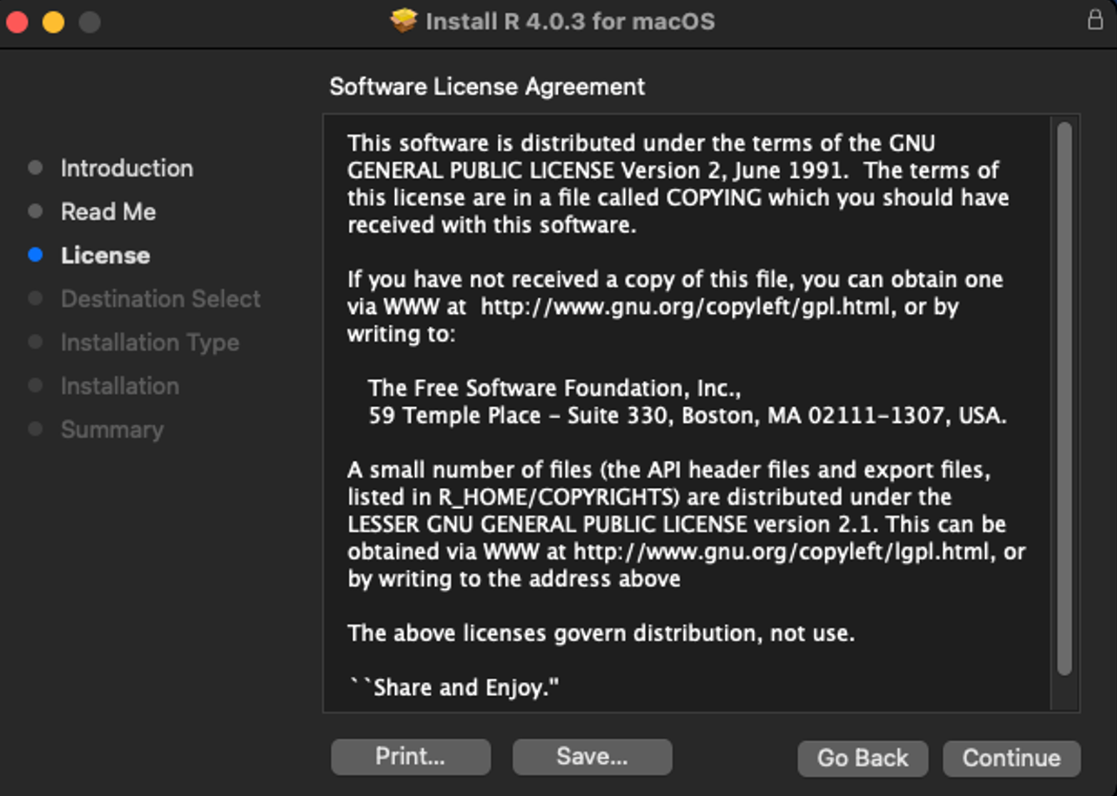 R installer displaying software license agreement text on macOS