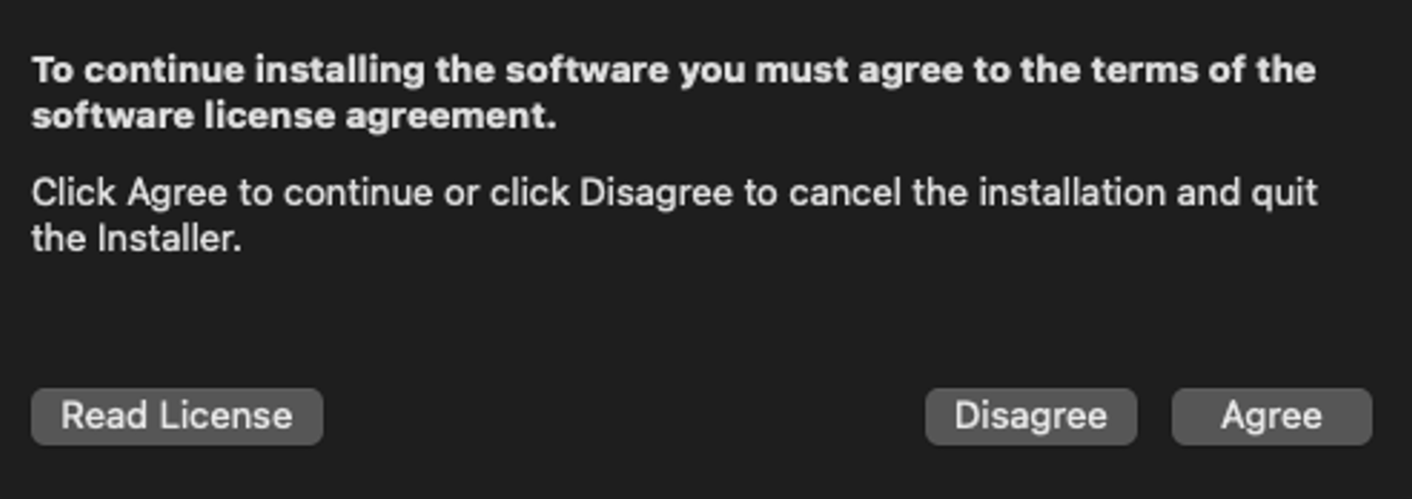 R installer license agreement confirmation dialog with Agree button on macOS