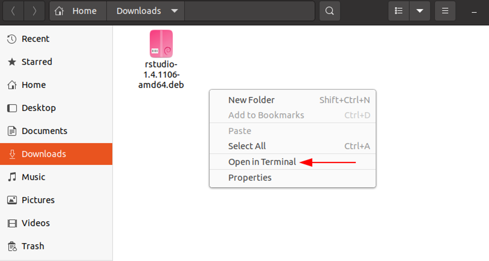 Ubuntu file manager right-click context menu with Open in Terminal option