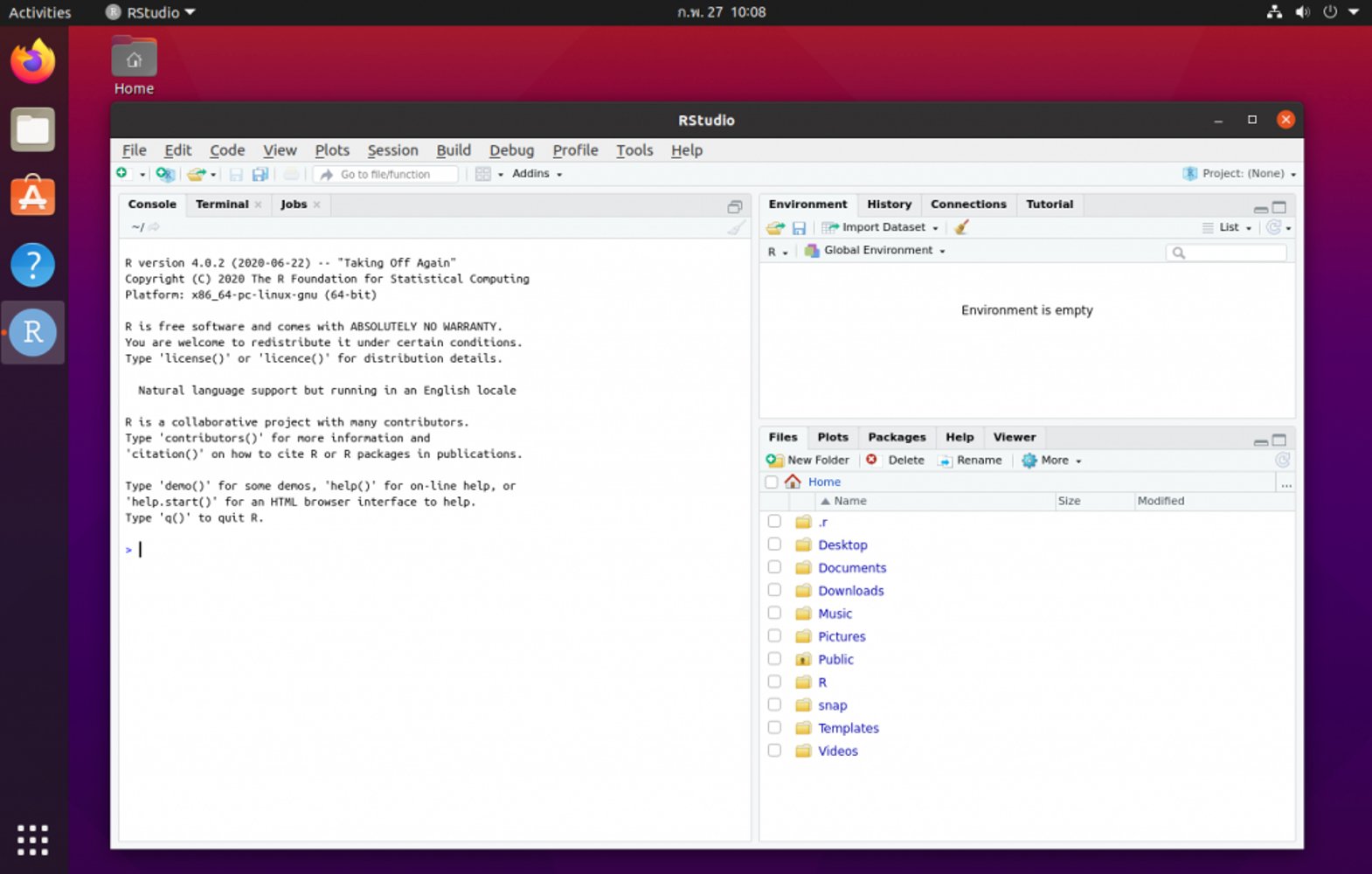 RStudio IDE running on Ubuntu Linux showing console and editor interface
