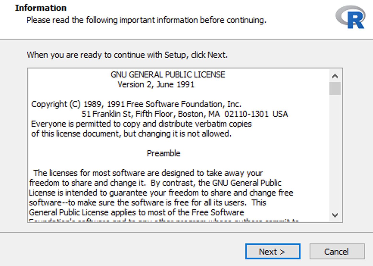 R installer showing GNU General Public License agreement text
