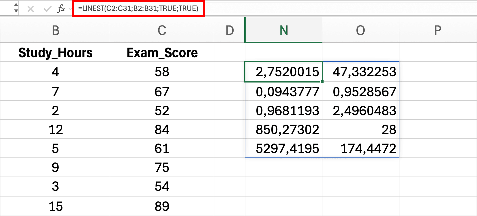 Excel formula bar showing LINEST function syntax for calculating simple linear regression slope, intercept, R-squared, standard errors, and F-statistic using dynamic arrays