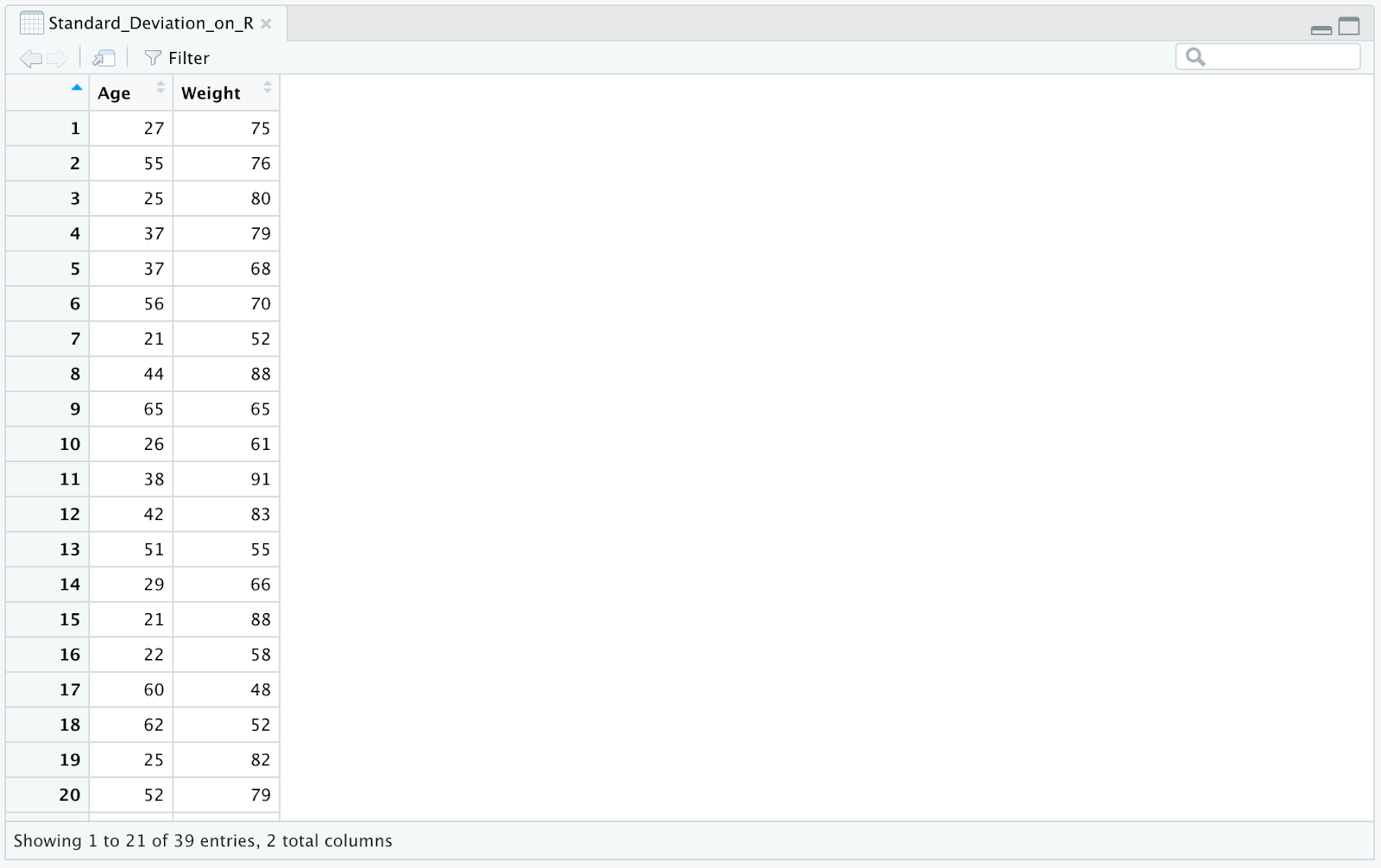 Hoja de cálculo Excel mostrando columnas Age y Weight con datos de ejemplo para calcular la desviación estándar en R