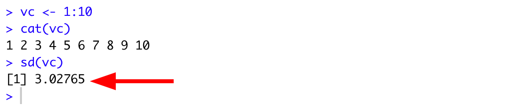 Consola RStudio mostrando la creación del vector con cat() y la función sd() devolviendo 3.02765 para el vector 1:10