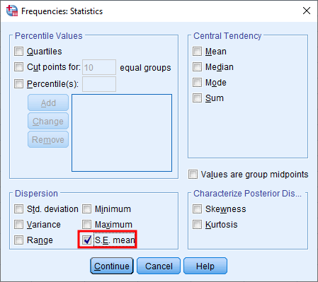 Ventana Statistics de Frequencies en SPSS con la casilla S.E. mean seleccionada para calcular el error estándar