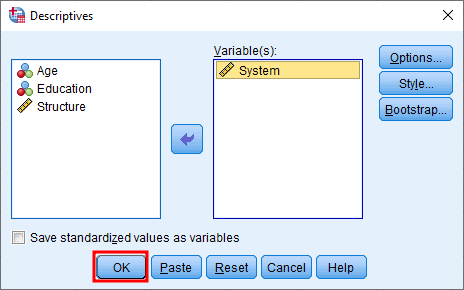Ventana Frequencies de SPSS con el botón OK listo para ejecutar el análisis de error estándar