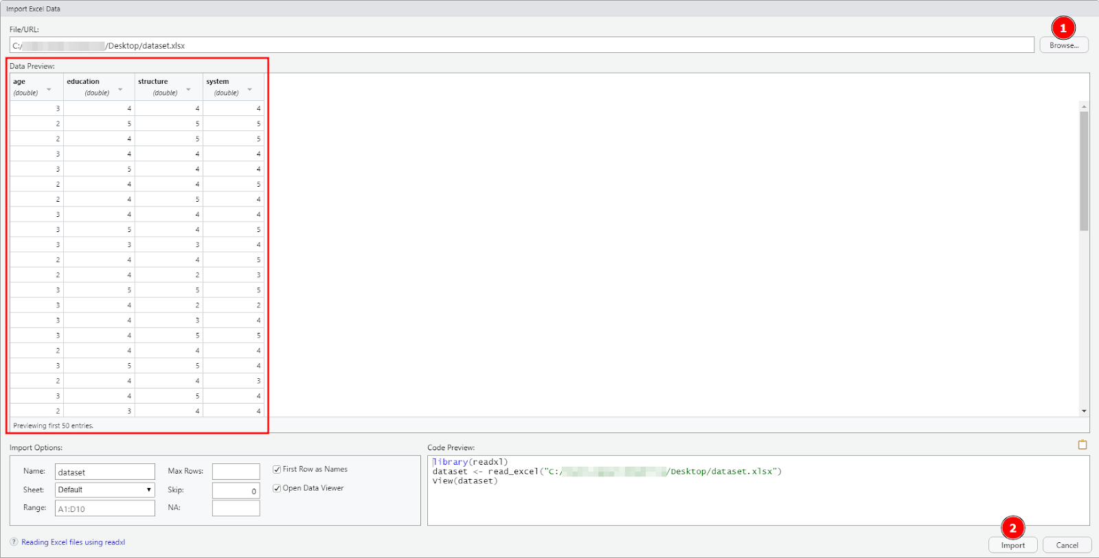 Ventana Import Excel Data de RStudio mostrando el botón Browse para seleccionar el archivo de datos y el botón Import para cargar los datos