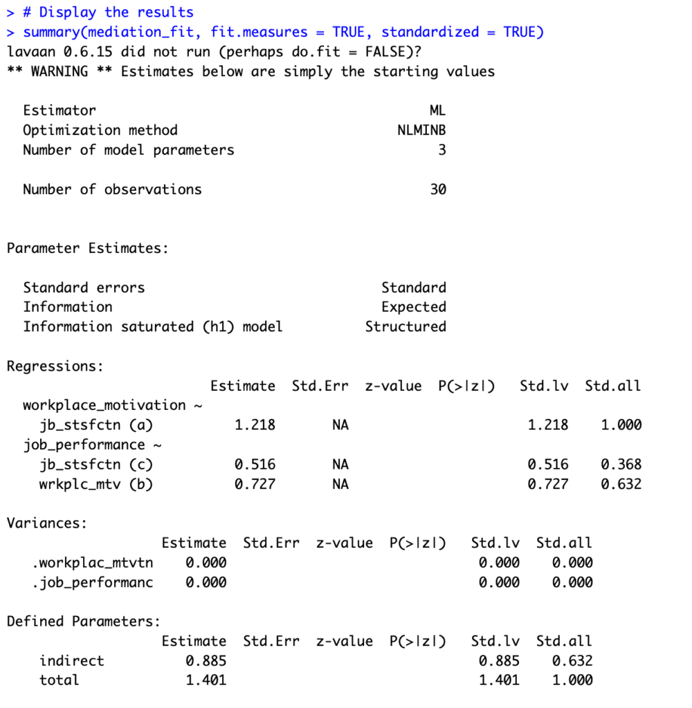 Resultado del análisis de mediación con lavaan en R mostrando las estimaciones de parámetros, coeficientes de ruta, efectos indirectos y efectos totales