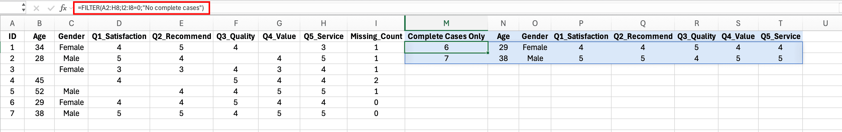 Formula FILTER en Excel creando un dataset con solo casos completos - sin datos faltantes