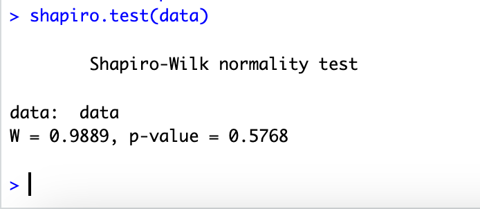 Resultado de la prueba de Shapiro-Wilk mostrando el estadístico W y un valor p mayor a 0.05 indicando datos distribuidos normalmente