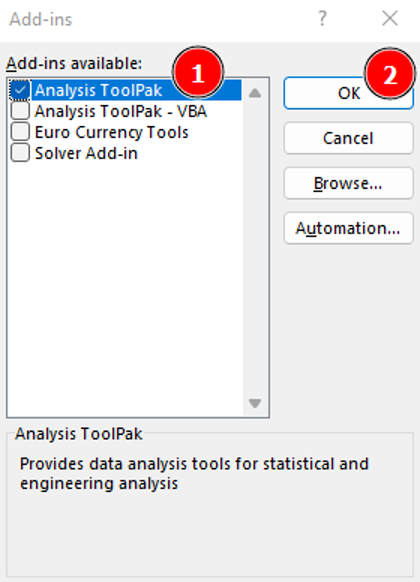 Dialogul Add-ins din Excel cu caseta Analysis ToolPak selectată