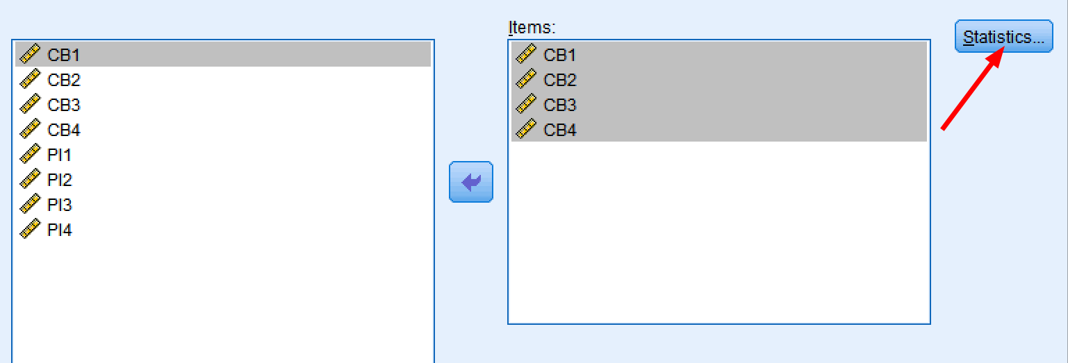 Fereastra SPSS Reliability Analysis cu butonul Statistics evidențiat în partea de jos a casetei de dialog