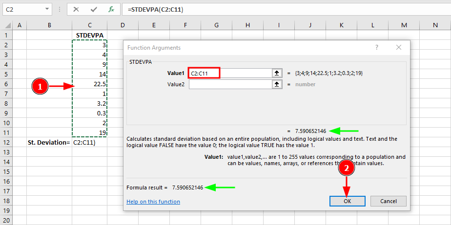 Fereastra de dialog Excel Argumente Funcție (Function Arguments) pentru STDEVPA arătând intervalul de date și rezultatul de 7.59, cu descriere notând că include valori logice