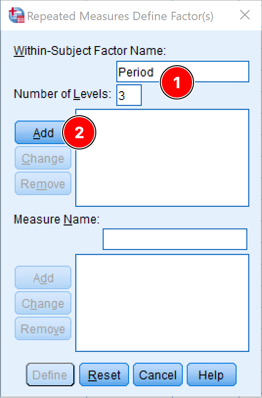 Dialog-ul SPSS Repeated Measures Define Factor