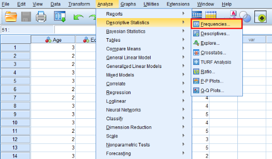 Meniul SPSS arătând calea de navigare Analyze apoi Descriptive Statistics apoi Frequencies pentru calcularea erorii standard