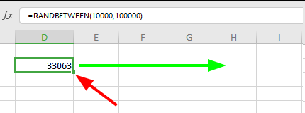 Celulă Excel cu formula RANDBETWEEN(10000, 100000) și numărul generat