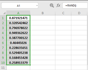 Coloană Excel cu valorile RAND() generate ca coloană ajutătoare pentru ranking