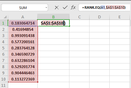 Excel arătând funcția RANK.EQ() creând numere unice bazate pe valorile RAND()