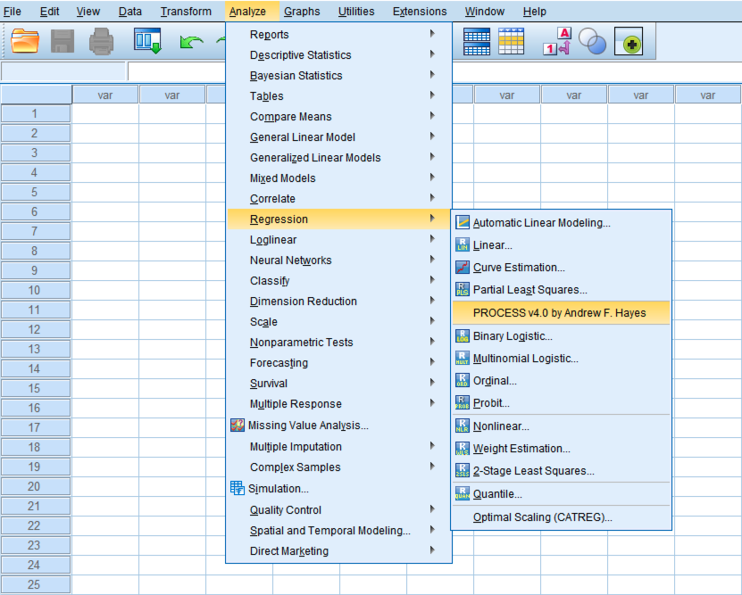 Meniul SPSS Analyze cu Regression expandat care arată opțiunea PROCESS v5.0 by Andrew F. Hayes