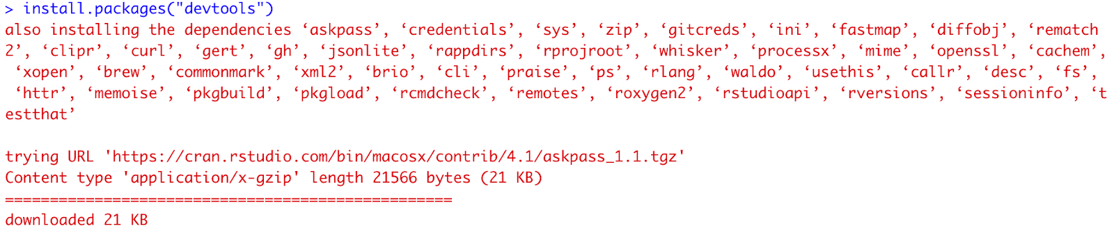 Consola R care afișează instalarea pachetului devtools cu dependențele