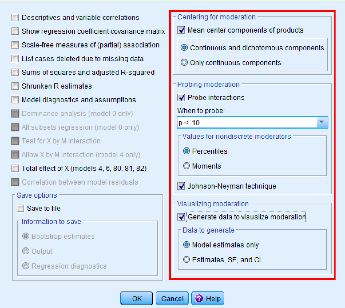 Fereastra PROCESS Options cu Mean center components bifat, Probe interactions activat și Johnson-Neyman technique și Generate data to visualize moderation selectate