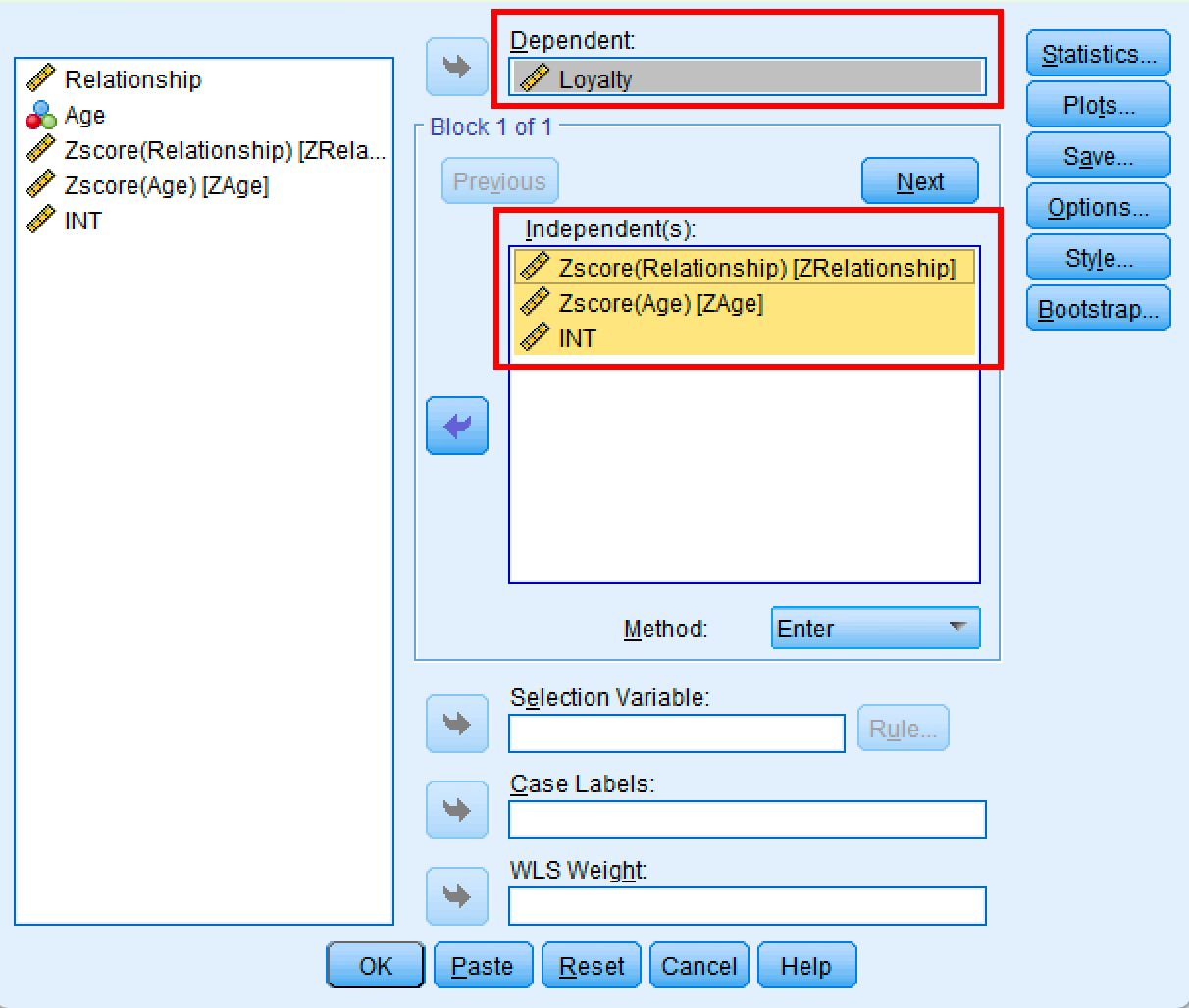 Fereastra de dialog SPSS Linear Regression cu Loyalty ca variabilă dependentă și ZRelationship, ZAge și INT ca variabile independente