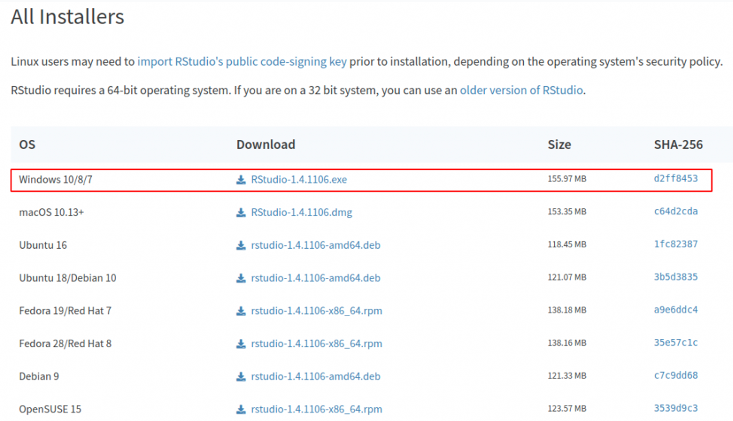 Secțiunea All Installers RStudio care afișează opțiunea de instalator Windows exe