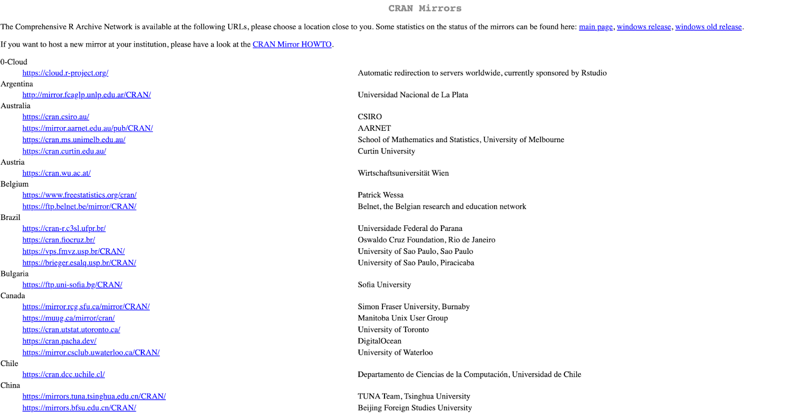 Pagina de selectare a serverelor mirror CRAN care afișează lista serverelor distribuite mondial pentru descărcarea R