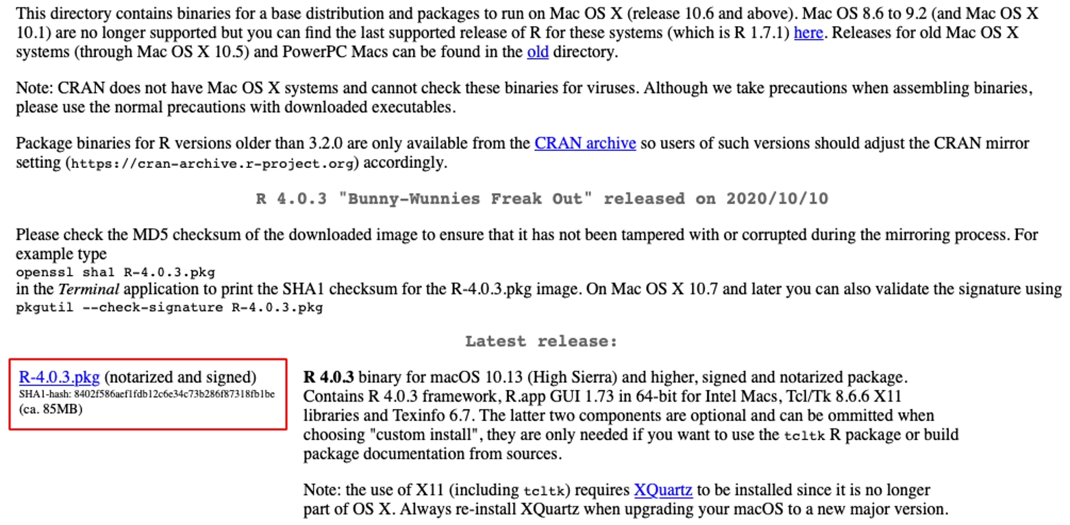 Ecranul de bun venit al instalatorului R pe macOS cu butonul Continue
