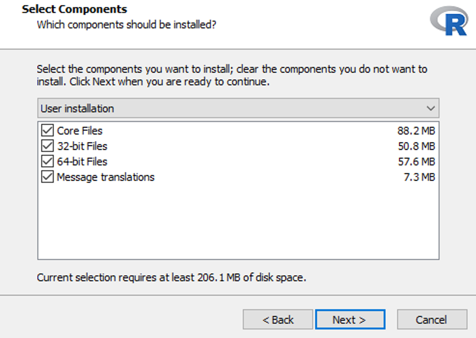 Selectarea componentelor instalatorului R cu opțiunile 32-bit și 64-bit bifate